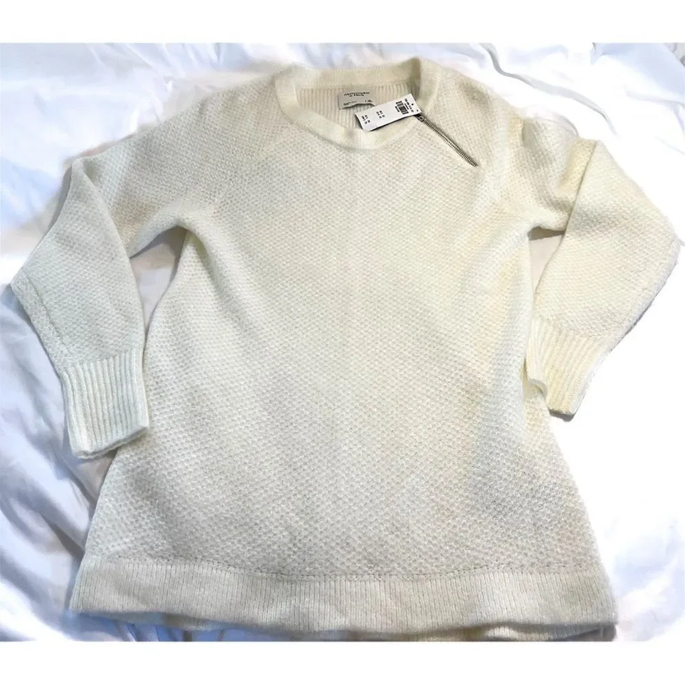 Abercrombie & Fitch Crewneck Knit Sweater | Zip Shoulder Cream NWT
